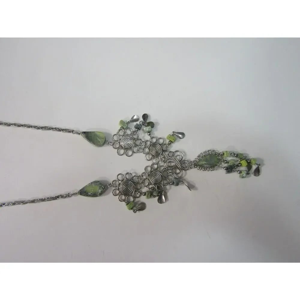 Green Marble Silver Tone Tear‎ Drop Statement Bead Neckalace Boho Cottagecore